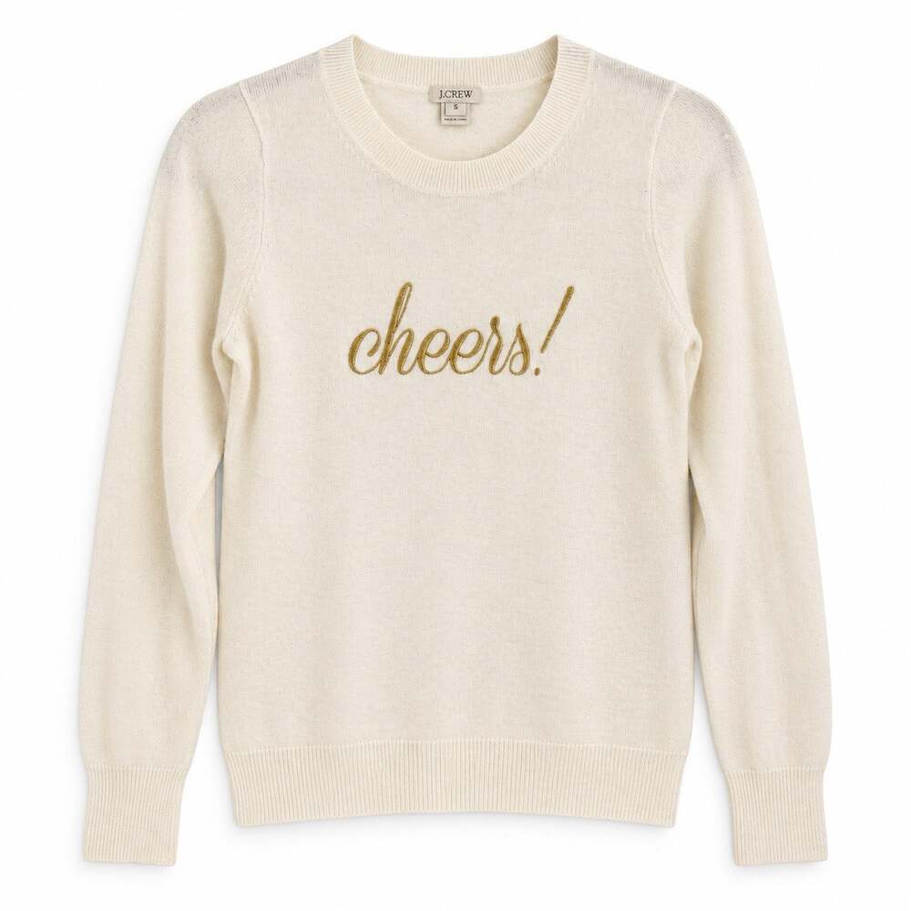 J Crew Womens "Cheers" Embroidered Sweater size Small Ivory Wool Blend Holiday